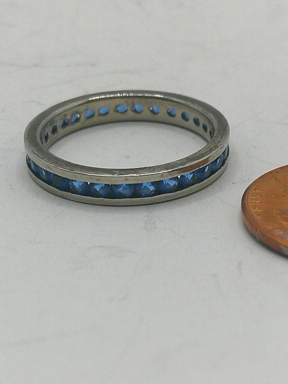 Stainless Steel Ring with Channel Set Blue Crystals
